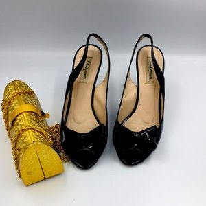 L. K. Bennett Open Toe Black Patent Leather Pumps